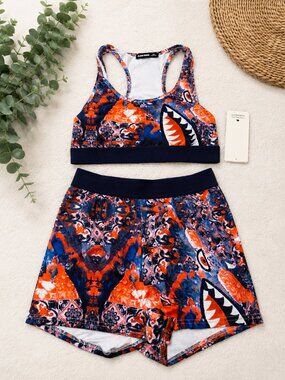 NWT Flash Mark 2-Piece Shark Print Sports Bra & Shorts Set - S